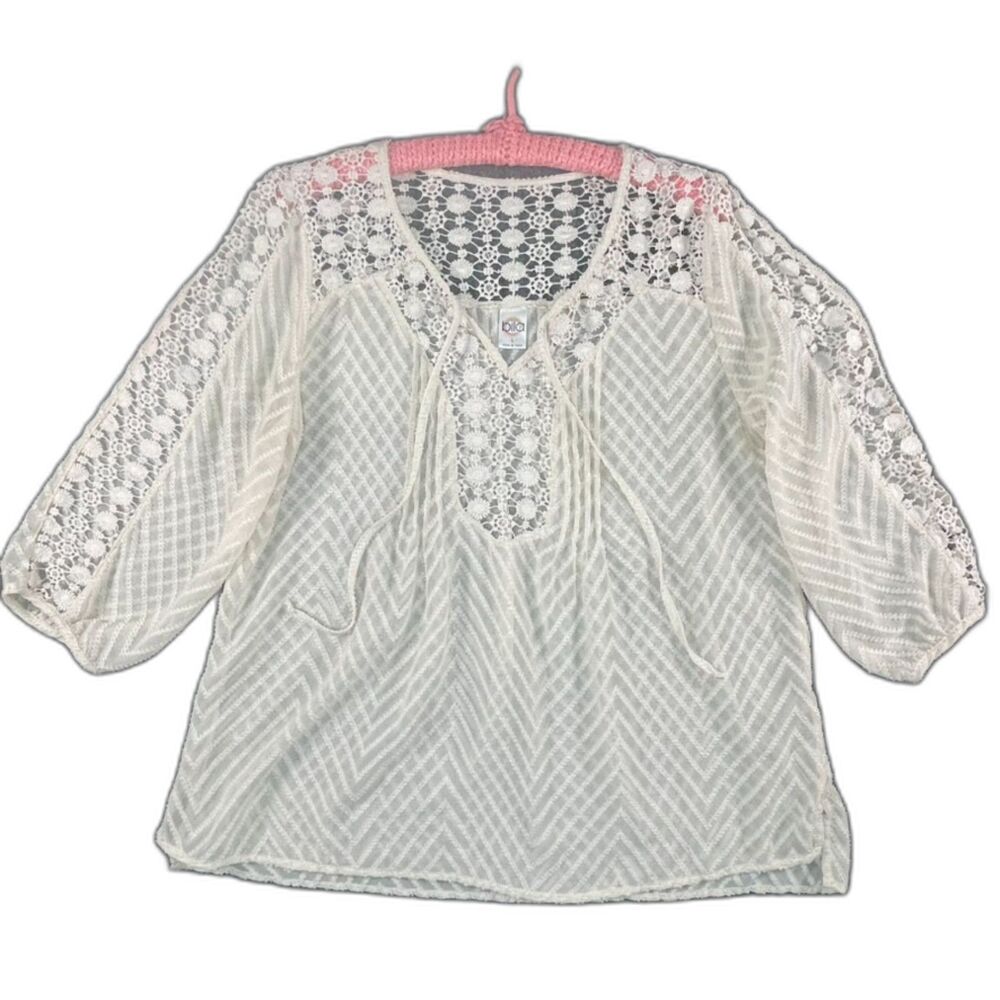 Bila Cream Crochet Lace Chevron Peasant Blouse Large Boho Sheer Summer Vacay Top